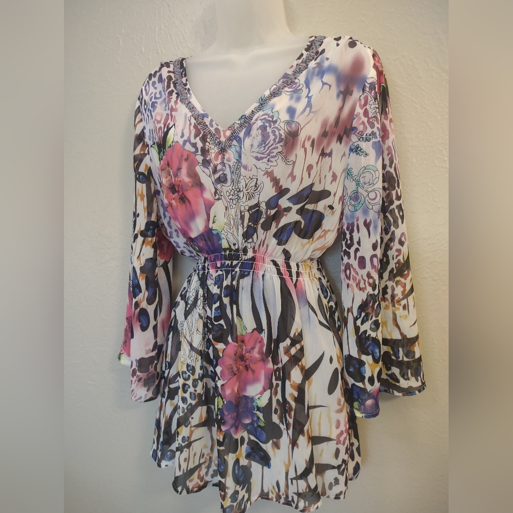 Boston Proper Mixed Print Beaded V-Neck Tunic Top - Size L - Boho Animal Floral - Picture 3 of 14